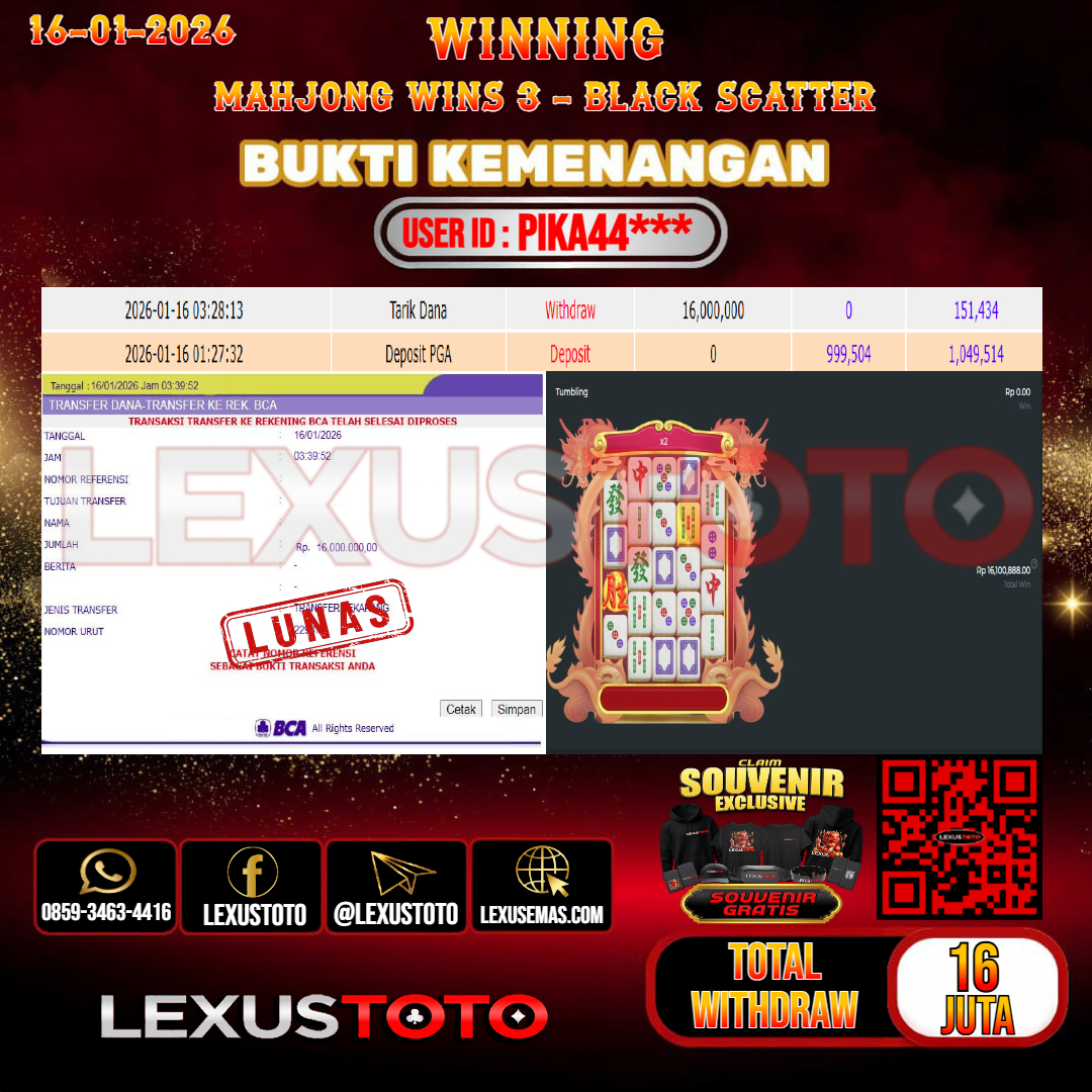LEXUSTOTO JACKPOT SLOT MAHJONG WINS 3 - BLACK SCATTER   Rp. 16.000.000,- LUNAS   USER ID : PIKA44***