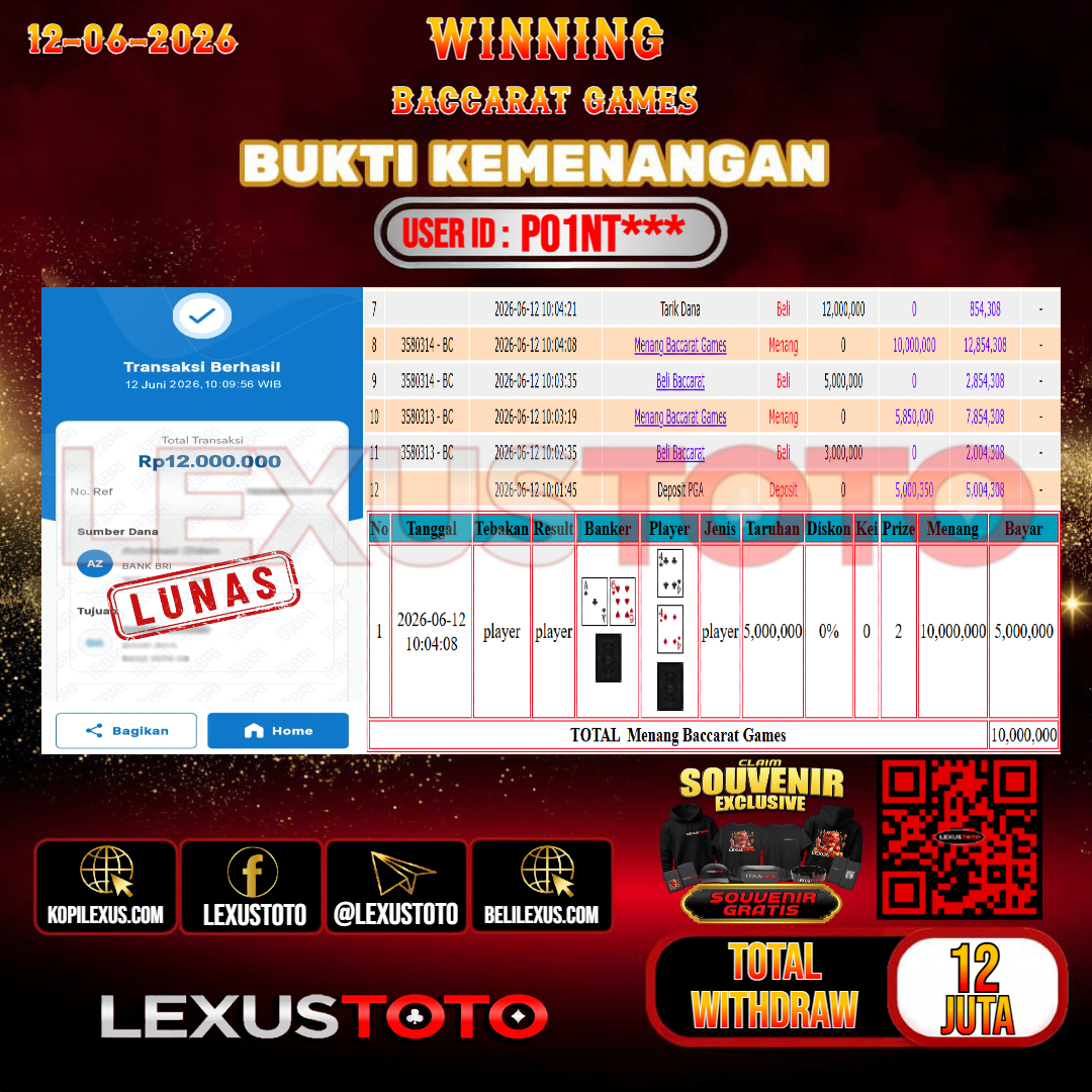 LEXUSTOTO JACKPOT LIVE GAMES BACCARAT GAMES  Rp. 12.000.000,- LUNAS USER ID : PO1NT***
