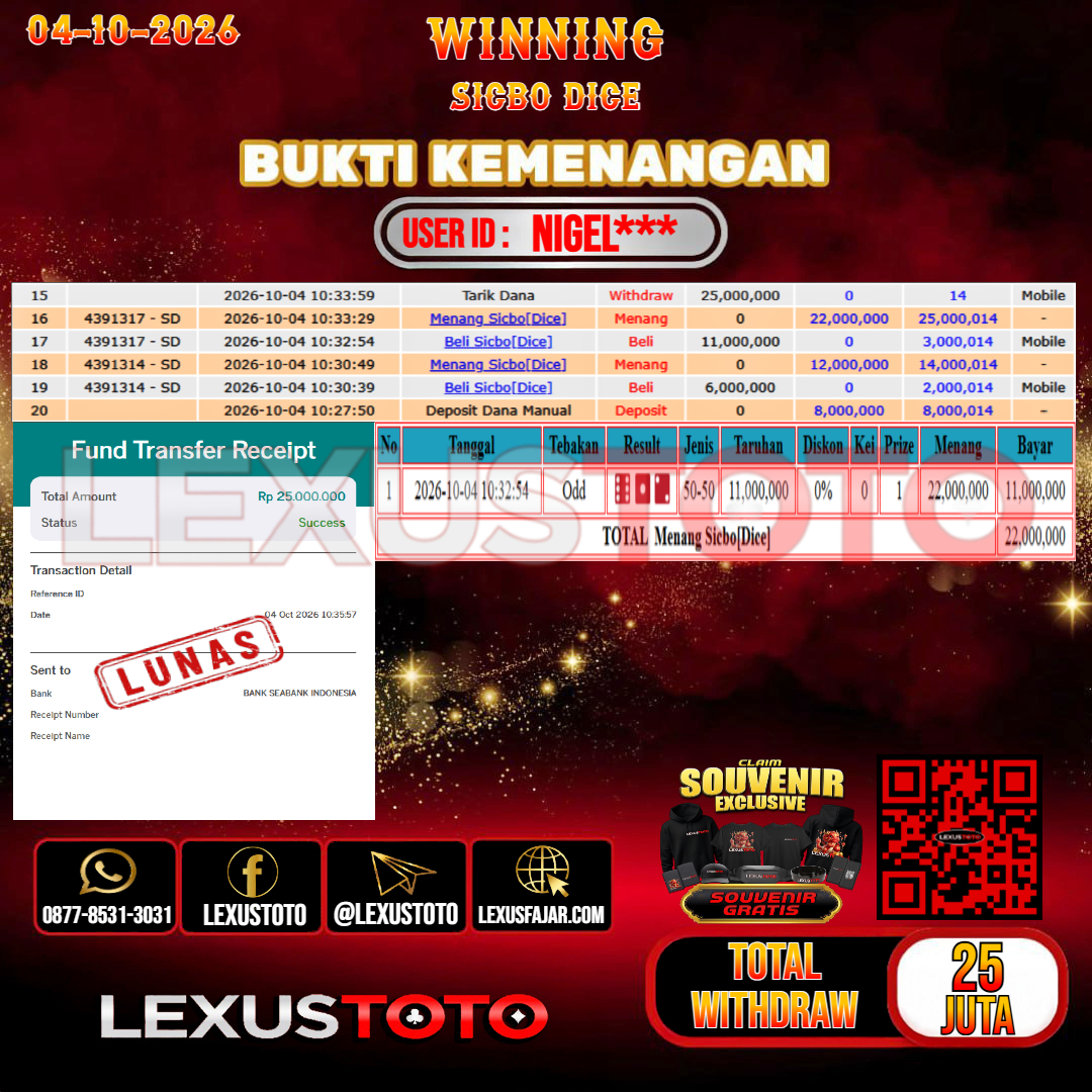 LEXUSTOTO JACKPOT LIVE GAMES SICBO DICE Rp.25.000.000,-  LUNAS  USER ID : NIGEL***