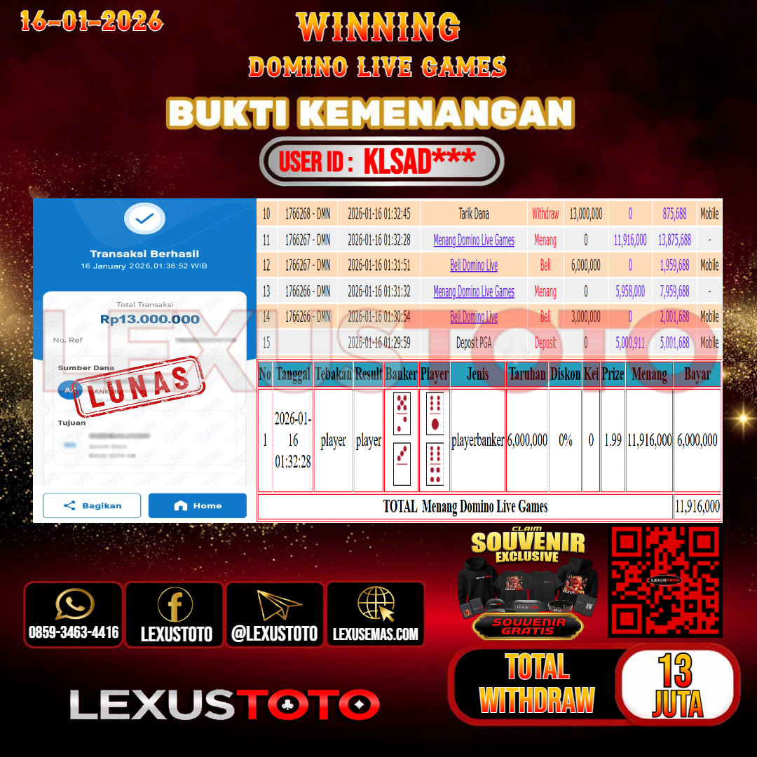 LEXUSTOTO JACKPOT LIVE GAMES DOMINO  Rp. 13.000.000,-  LUNAS USER ID : KLSAD***