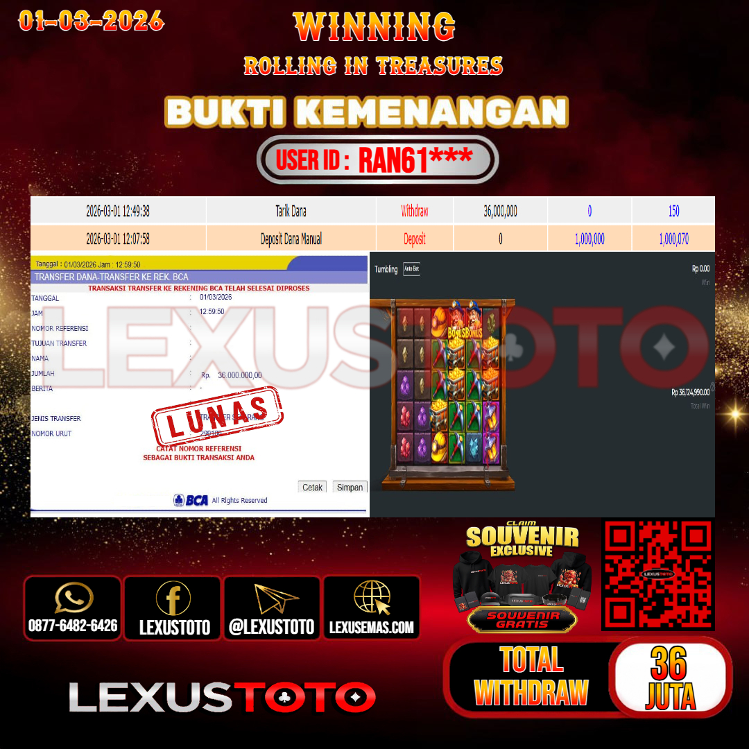 LEXUSTOTO JACKPOT SLOT ROLLING IN TREASURES  Rp. 36.000.000,- LUNAS   USER ID : RAN61***