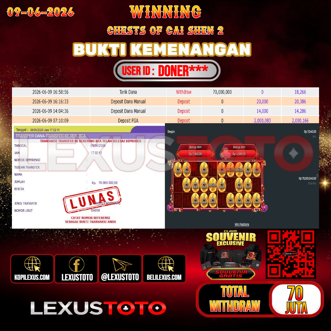 LEXUSTOTO JACKPOT SLOT CHESTS OF CAI SHENN 2 Rp. 70.000.000,- LUNAS USER ID : DONER***