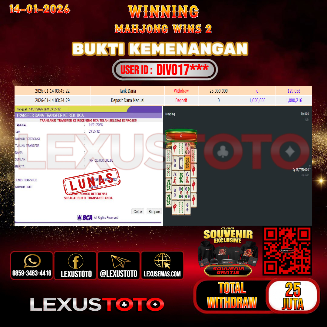 LEXUSTOTO JACKPOT SLOT MAHJONG WINS 2  Rp. 25.000.000,- LUNAS   USER ID : DIVO17***