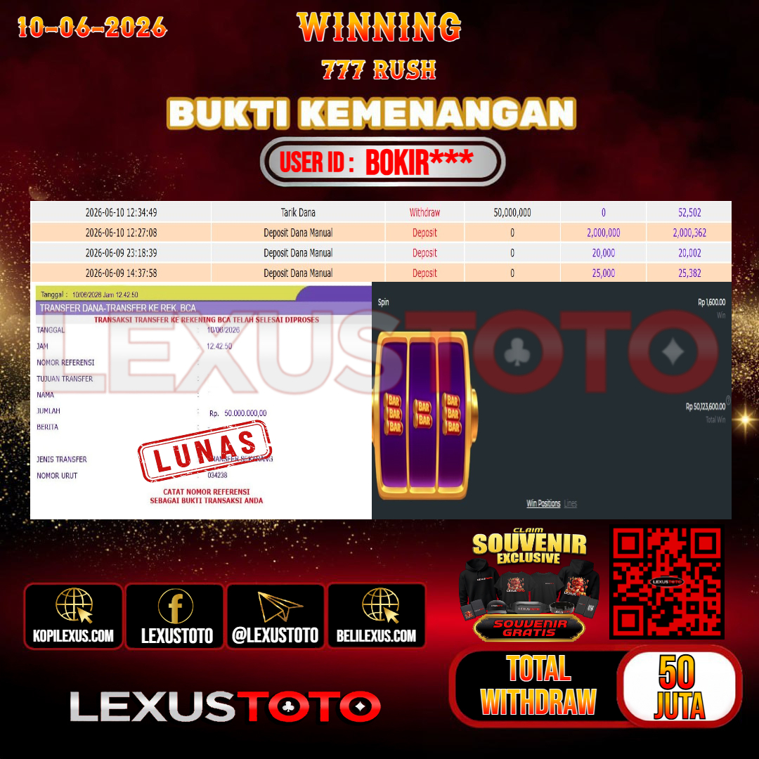 LEXUSTOTO JACKPOT SLOT 777 RUSH Rp. 50.000.000,- LUNAS USER ID : BOKIR***