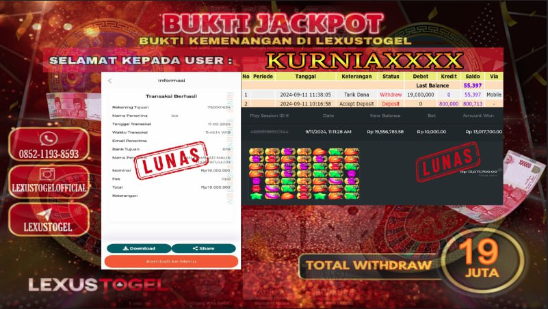 LEXUSTOTO  JACKPOT SLOT   SUGAR RUSH Rp.  19.000.000,-  LUNAS   ID : KURNIA***