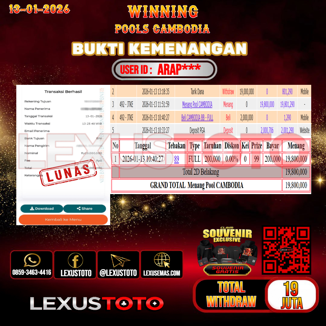 LEXUSTOTO JACKPOT TOGEL CAMBODIA Rp. 19.000.000,- LUNAS USER ID : ARAP***