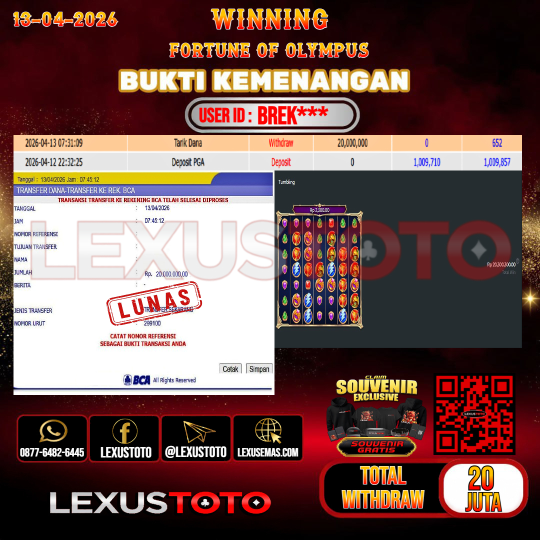LEXUSTOTO JACKPOT SLOT FORTUNE OF OLYMPUS Rp.20.000.000,- LUNAS USER ID : BREK***