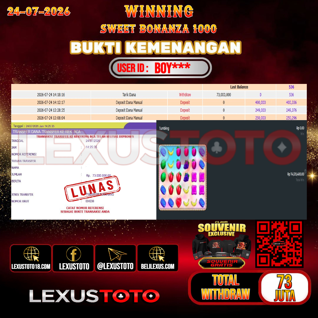 LEXUSTOTO JACKPOT SLOT SWEET BONANZA 1000 Rp. 73.000.000,- LUNAS  USER ID :  BOY***
