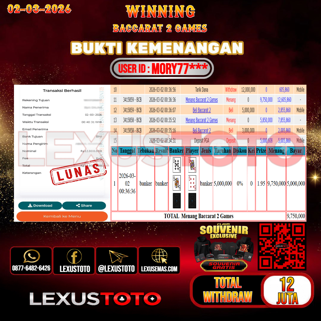 LEXUSTOTO JACKPOT LIVE GAMES BACCARAT 2 GAMES  Rp. 12.000.000,- LUNAS   USER ID : MORY77***
