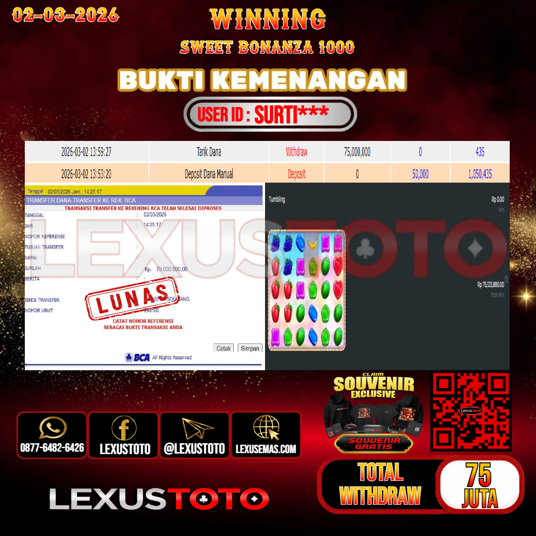 LEXUSTOTO JACKPOT SLOT SWEET BONANZA 1000 Rp. 75.000.000,- LUNAS   USER ID : SURTI***