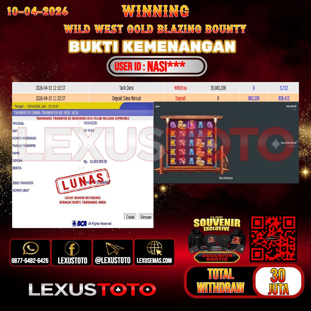 LEXUSTOTO JACKPOT SLOT WILD WEST GOLD BLAZING BOUNTY Rp.30.000.000, - LUNAS USER ID : NASI***