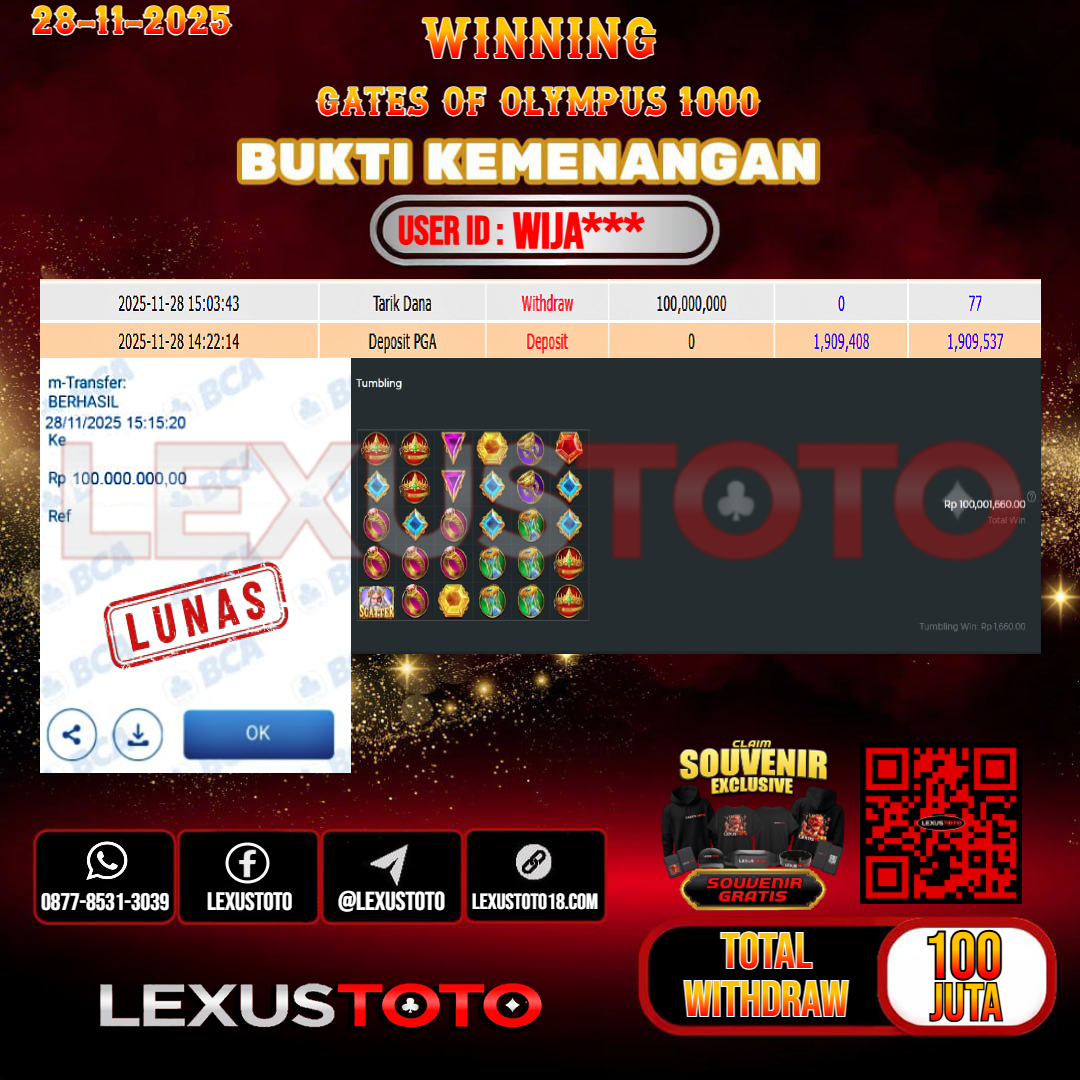 LEXUSTOTO JACKPOT SLOT GATES OF OLYMPUS 1000 Rp.100.000.000,- LUNAS USER ID : WIJA***