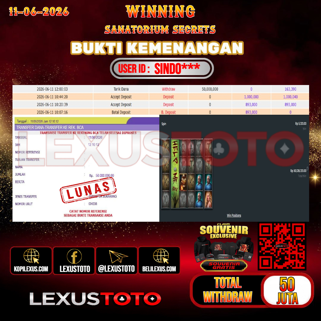 LEXUSTOTO JACKPOT SLOT SANATORIUM SECRETS Rp. 50.000.000,- LUNAS USER ID : SINDO***
