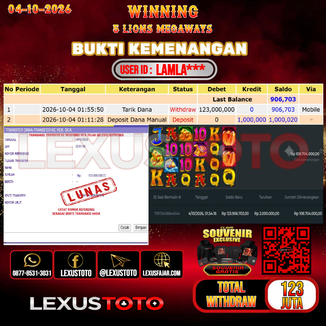 LEXUSTOTO JACKPOT SLOT 5 LIONS MEGAWAYS Rp.123.000.000,-  LUNAS USER ID : LAMLA***