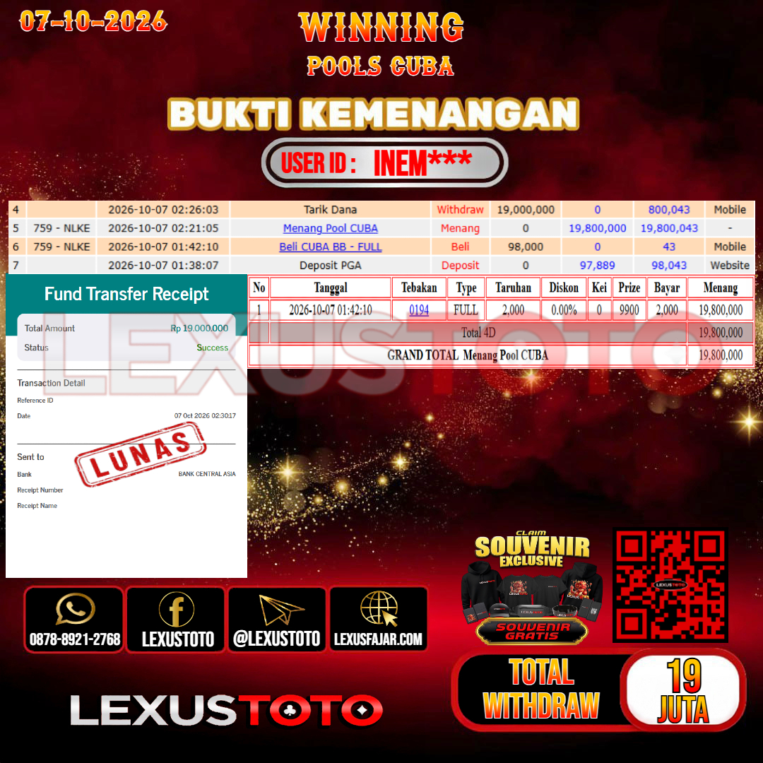 LEXUSTOTO JACKPOT TOGEL CUBA Rp.19.000.000,-  LUNAS  USER ID : INEM***