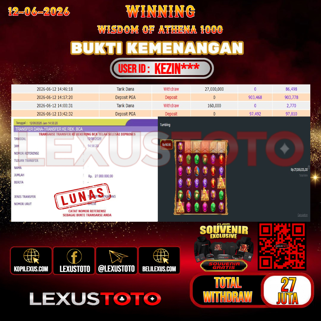 LEXUSTOTO JACKPOT SLOT WISDOM OF ATHENA 1000 Rp. 27.000.000,- LUNAS USER ID : KEZIN***