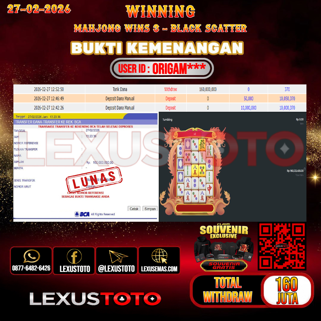 LEXUSTOTO JACKPOT SLOT MAHJONG WINS 3 - BLACK SCATTER  Rp. 160.000.000,- LUNAS   USER ID : ORIGAM***