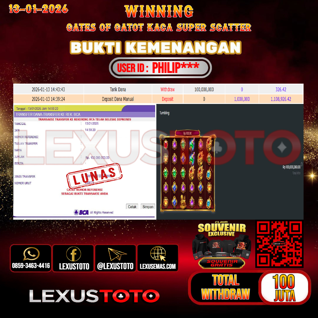 LEXUSTOTO JACKPOT SLOT GATES OF GATOT KACA SUPER SCATTER Rp. 100.000.000,- LUNAS   USER ID : PHILIP***