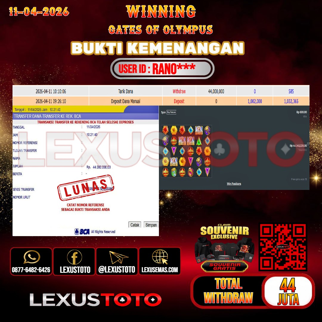 LEXUSTOTO JACKPOT SLOT GATES OF OLYMPUS Rp.44.000.000, - LUNAS USER ID : RANO***