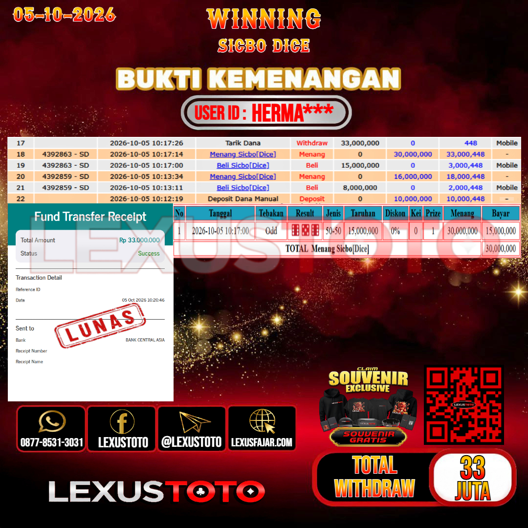 LEXUSTOTO JACKPOT LIVE GAMES SICBO DICE Rp.33.000.000,-  LUNAS  USER ID : HERMA***