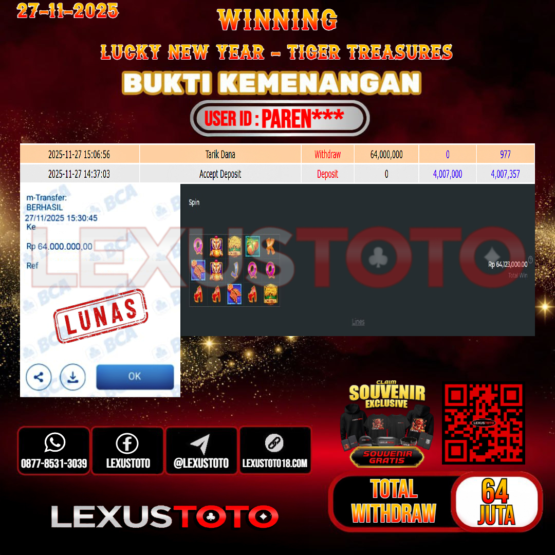 LEXUSTOTO JACKPOT SLOT LUCKY NEW YEAR - TIGER TRESURES Rp.64.000.000,-  LUNAS USER ID : PAREN***
