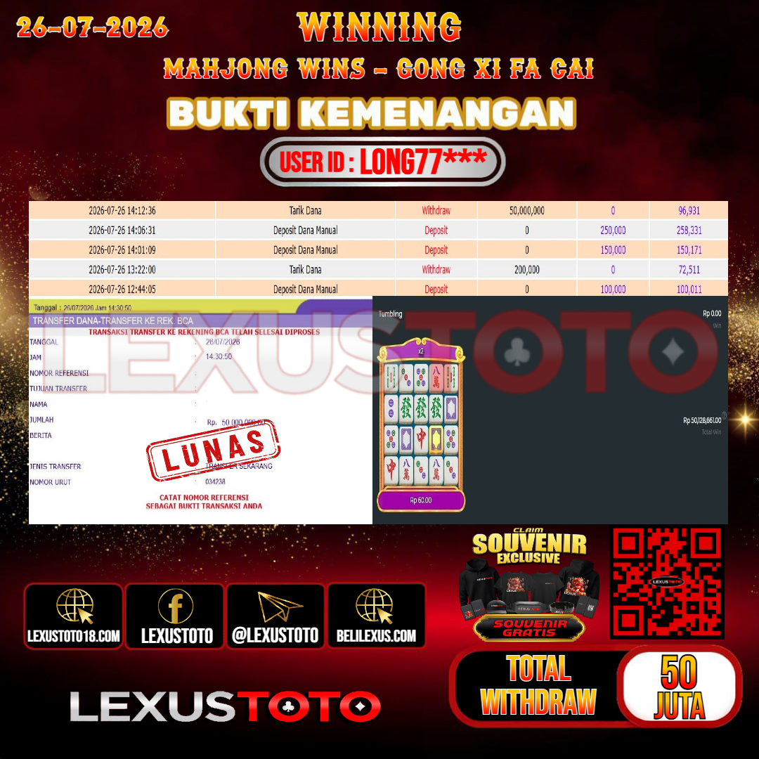 LEXUSTOTO JACKPOT SLOT  MAHJONG WINS - GONG XI FA CAI   Rp. 50.000.000,- LUNAS  USER ID : LONG77***