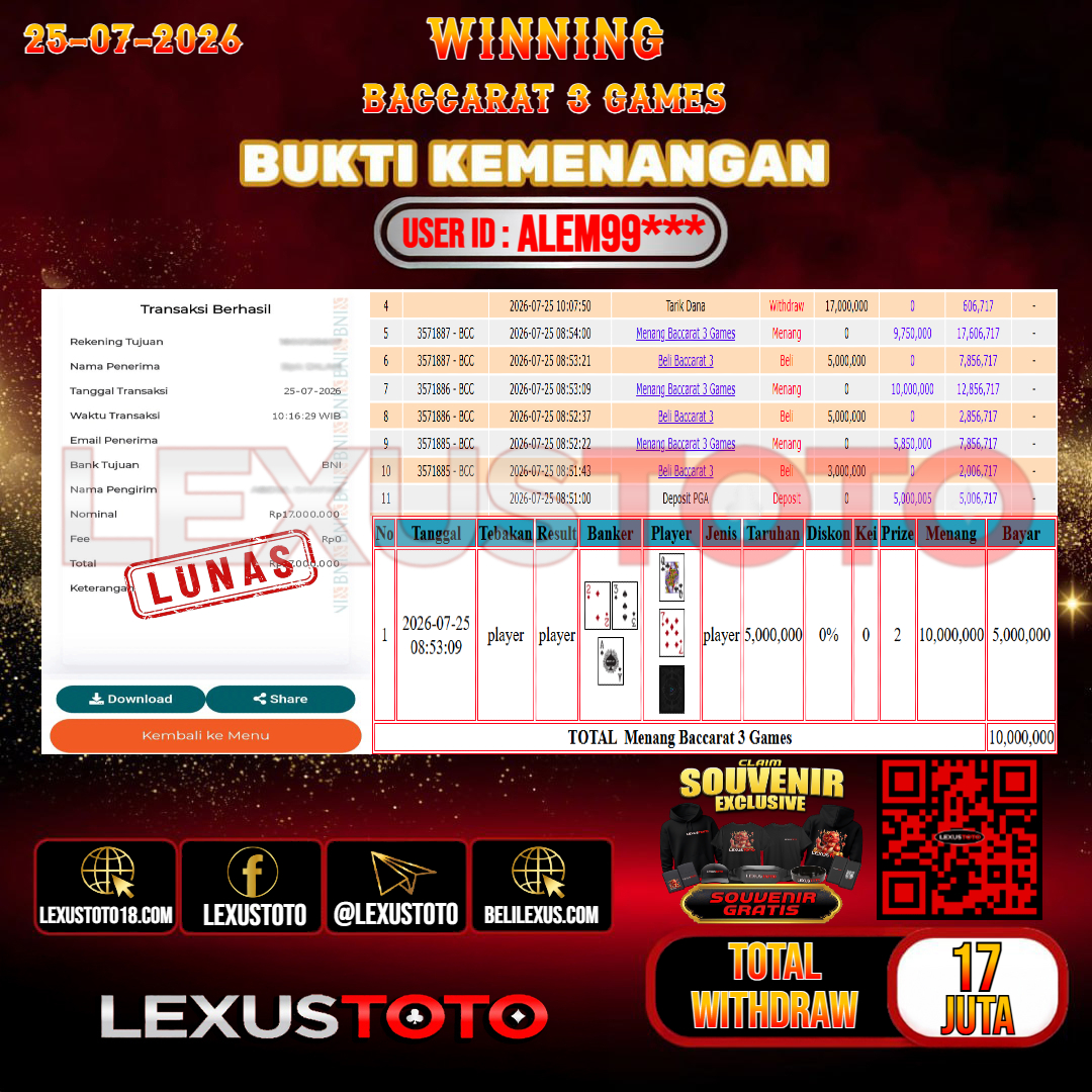 LEXUSTOTO JACKPOT LIVE GAMES BACCARAT 3 GAMES  Rp. 17.000.000,-   LUNAS USER ID :  ALEM99***