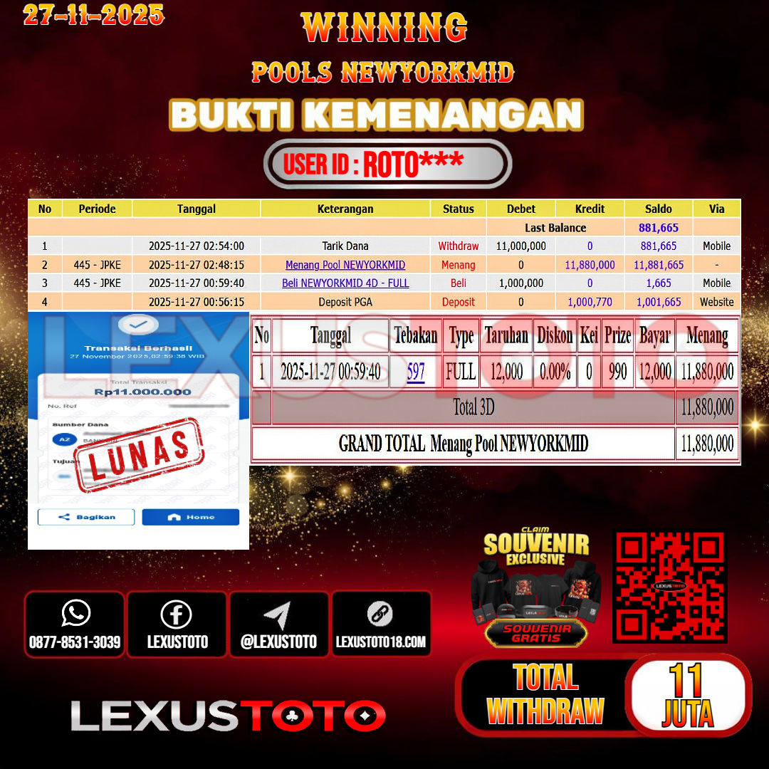 LEXUSTOTO JACKPOT TOGEL NEWYORK MID Rp.11.000.000,- LUNAS USER ID : ROTO***