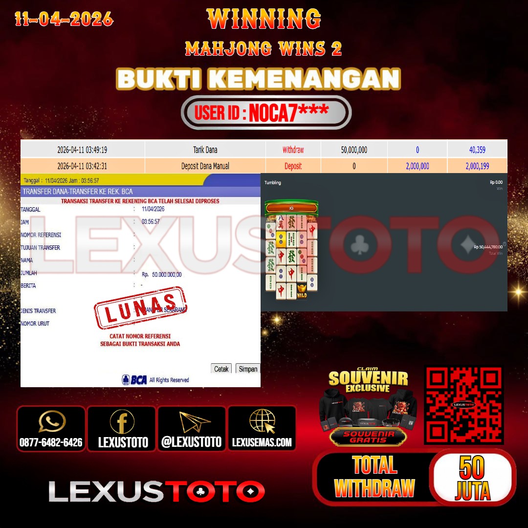 LEXUSTOTO JACKPOT SLOT MAHJONG WINS 2 Rp.50.000.000, - LUNAS USER ID : NOCA7***