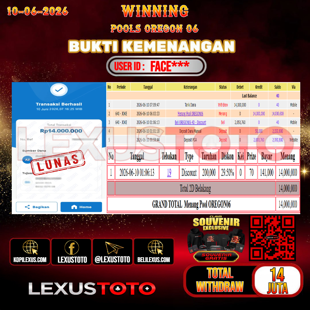 LEXUSTOTO JACKPOT TOGEL OREGON 06 Rp. 14.000.000,- LUNAS USER ID : FACE***
