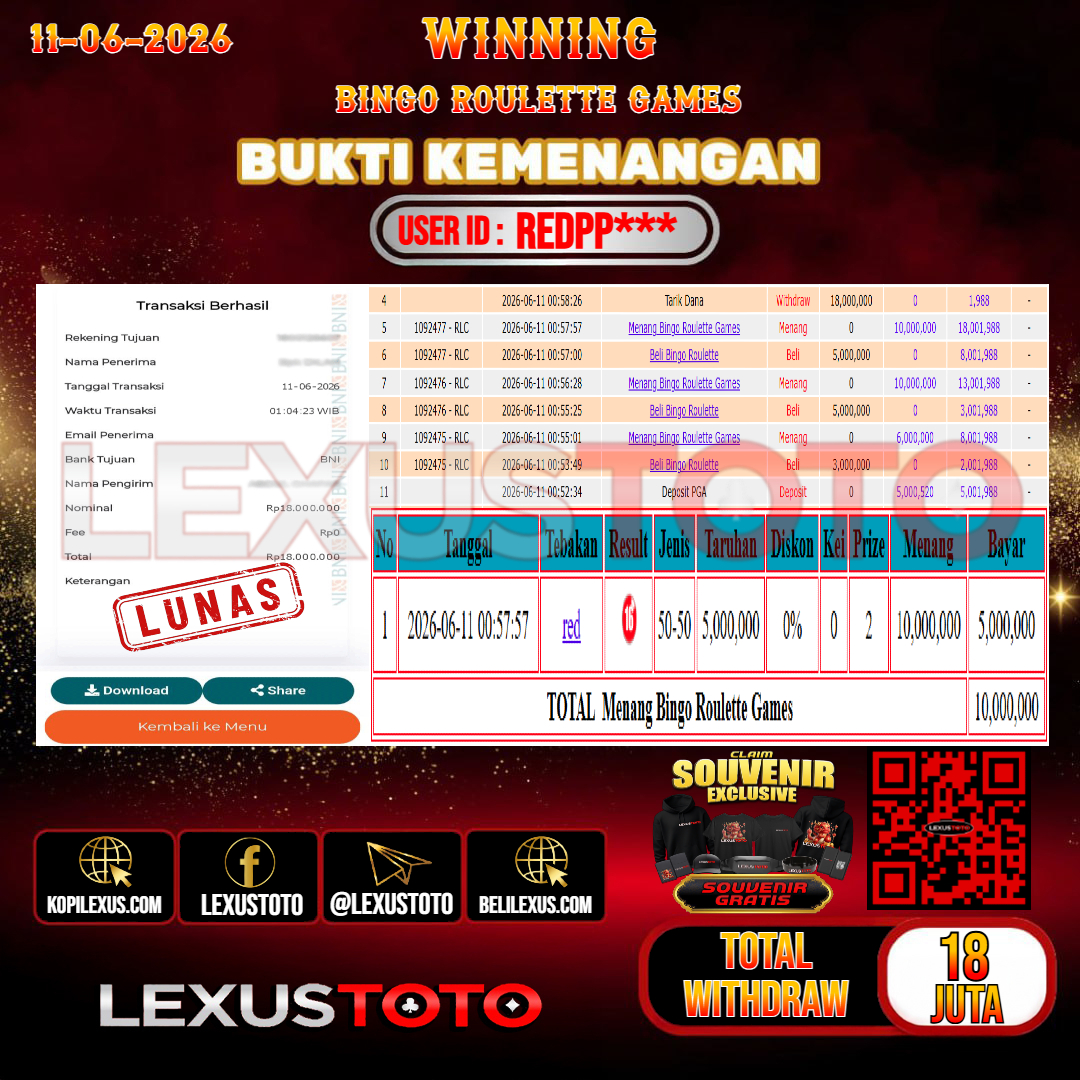 LEXUSTOTO JACKPOT LIVE GAMES BINGO ROULETTE GAMES  Rp. 18.000.000,- LUNAS USER ID :  REDPP***