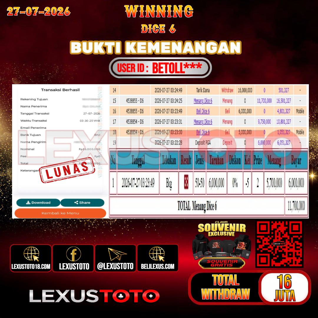 LEXUSTOTO JACKPOT LIVE GAMES DICE 6  Rp.  16.000.000,-   LUNAS USER ID :  BETOLL***