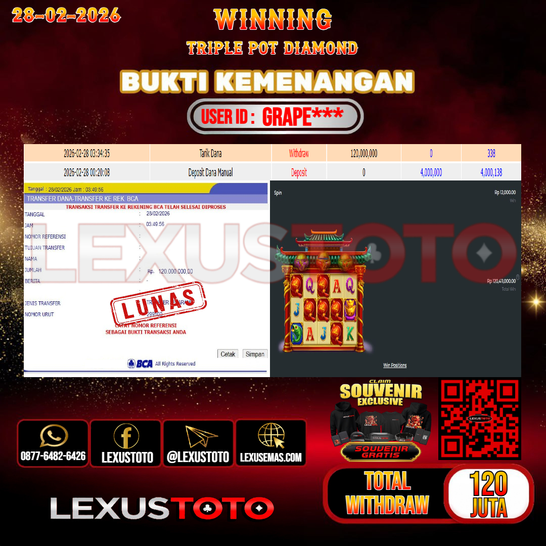 LEXUSTOTO JACKPOT SLOT TRIPLE POT DIAMOND Rp. 120.000.000,- LUNAS   USER ID : GRAPE***