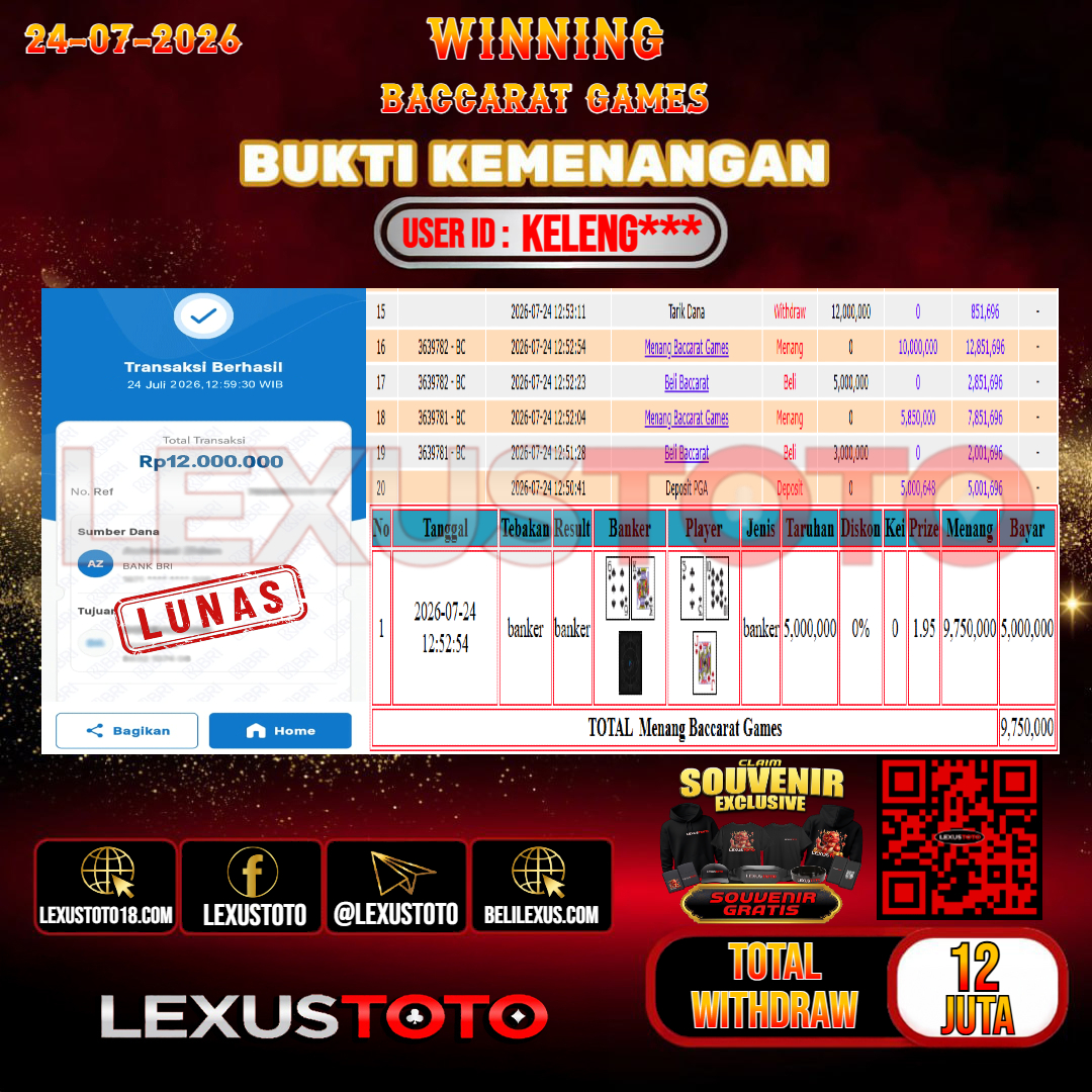 LEXUSTOTO JACKPOT LIVE GAMES BACCARAT GAMES  Rp. 12.000.000,-    LUNAS USER ID : KELENG***