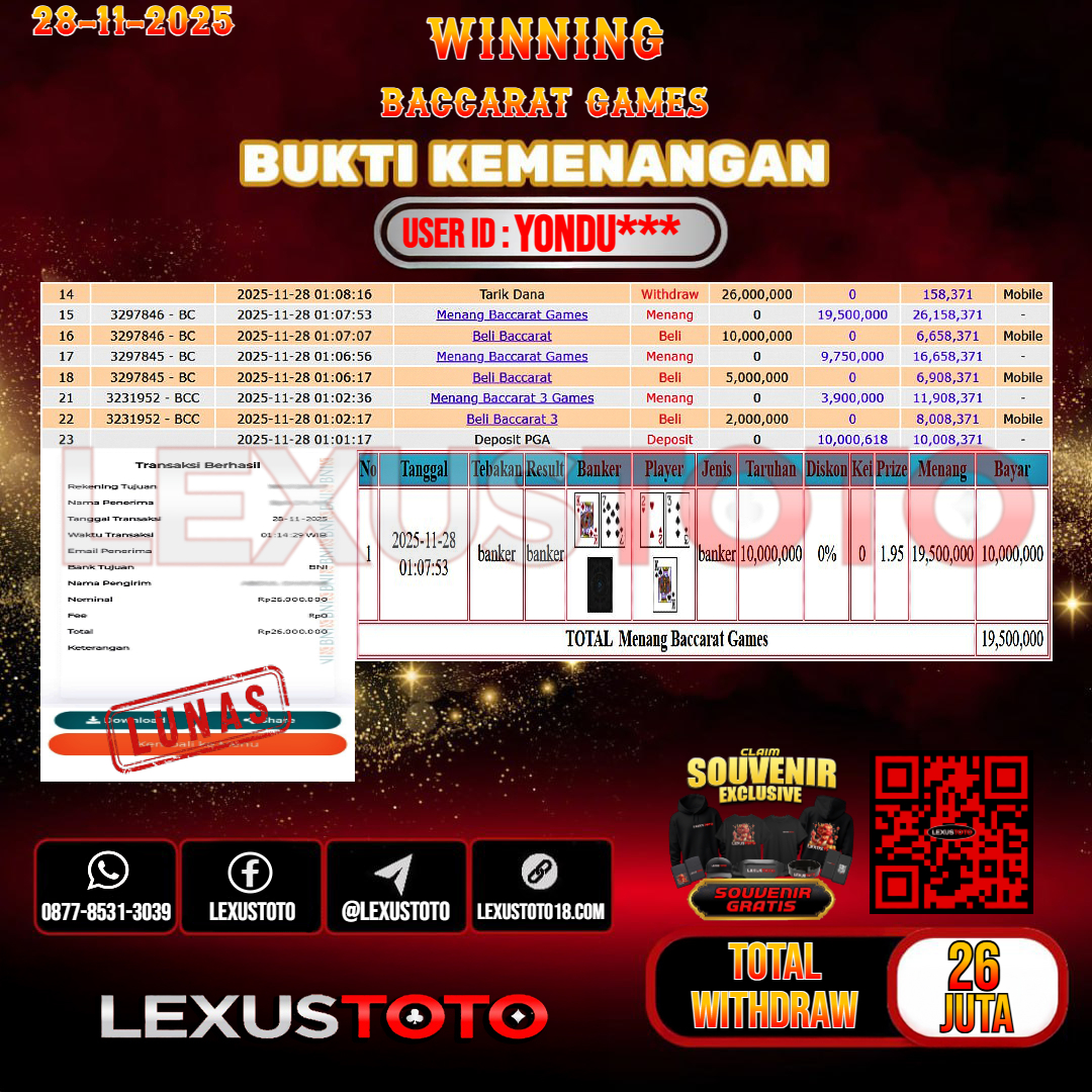 LEXUSTOTO JACKPOT LIVE GAMES BACCARAT Rp.26.000.000,- LUNAS USER ID : YONDU***