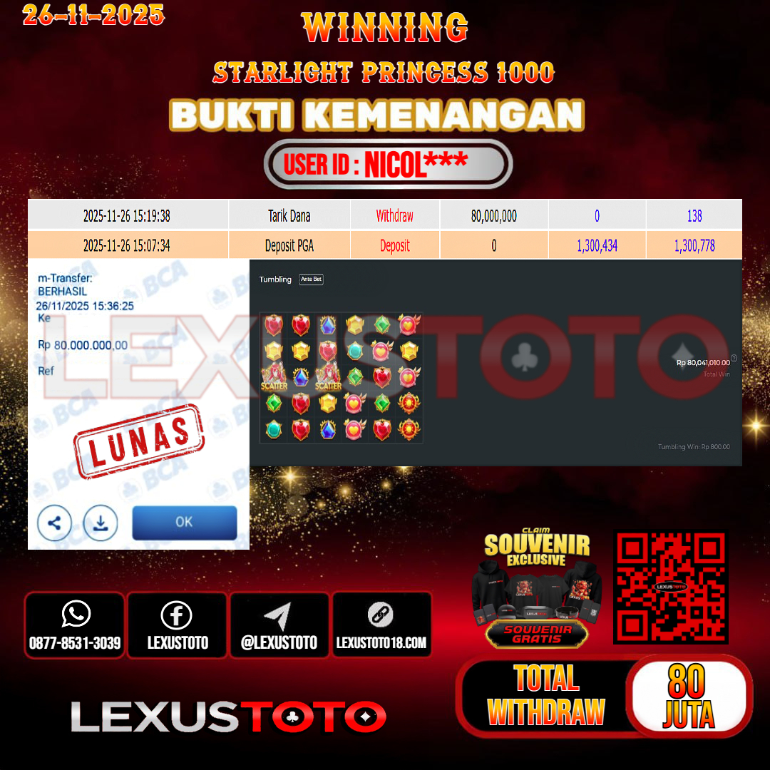 LEXUSTOTO JACKPOT SLOT STARLIGHT PRINCESS 1000 Rp.80.000.000,- LUNAS USER ID : NICOL***