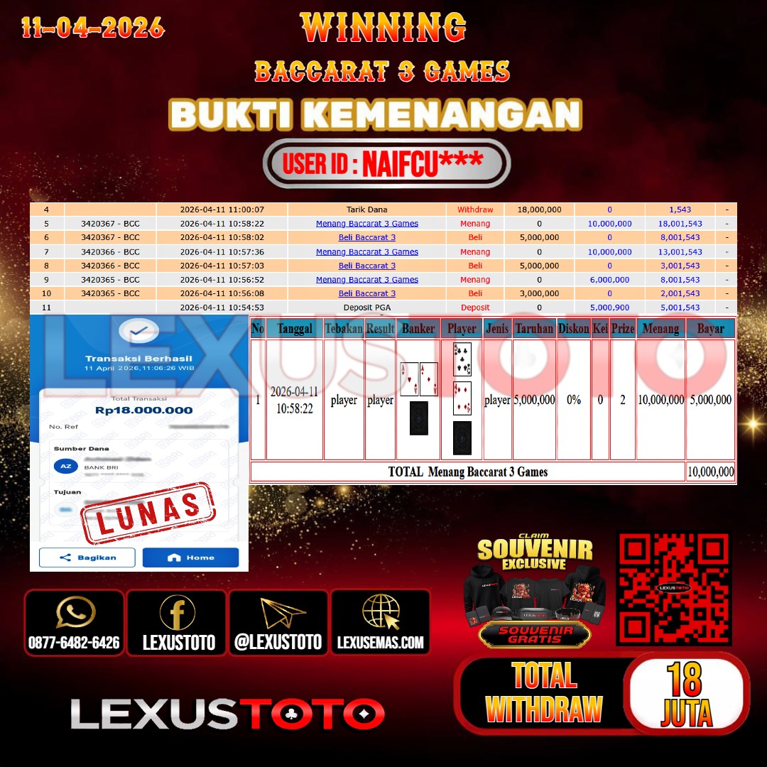LEXUSTOTO JACKPOT LIVE GAMES BACCARAT 3 GAMES Rp.18.000.000,- LUNAS USER ID : NAIFCU***