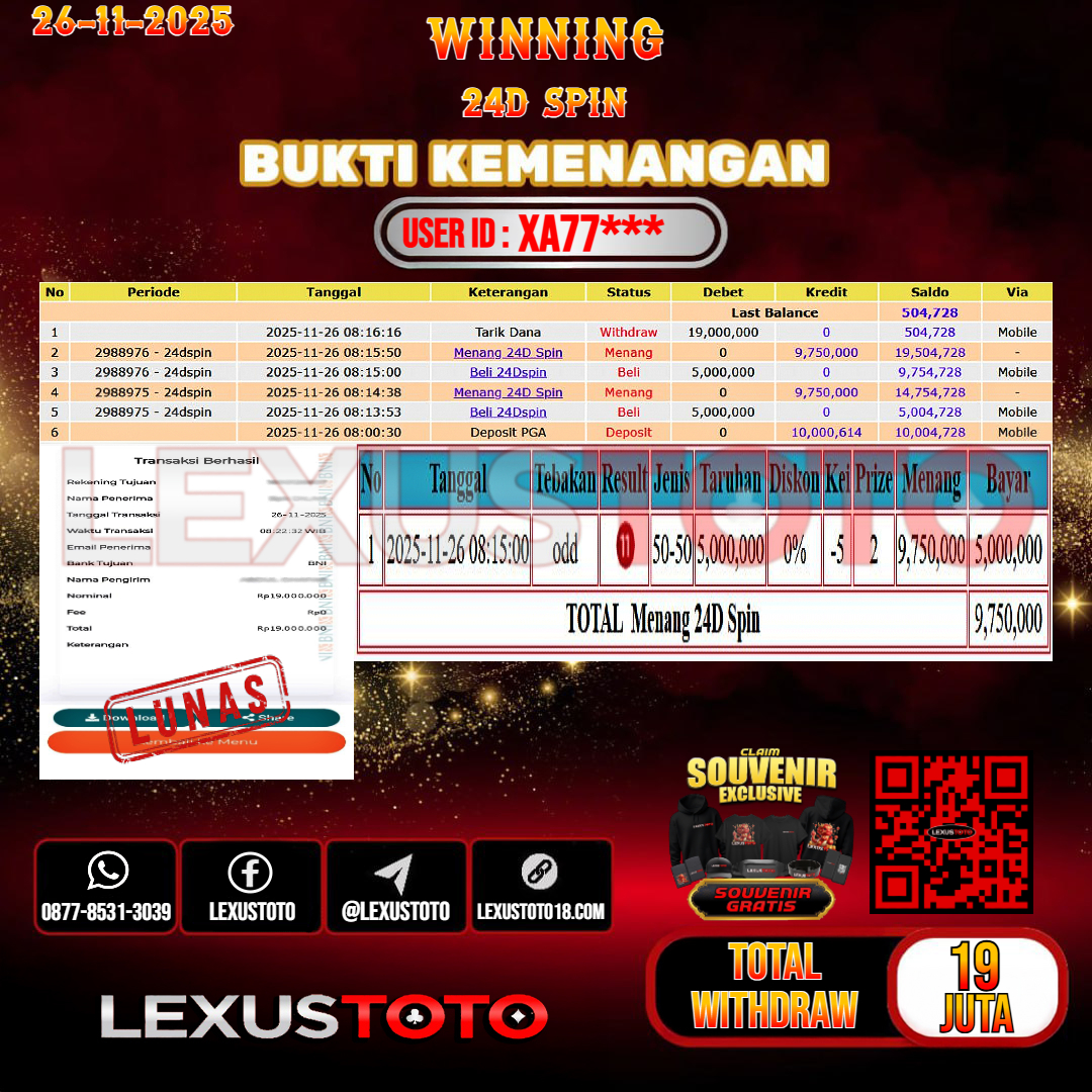 LEXUSTOTO JACKPOT LIVE GAMES 24D SPIN Rp.19.000.000,-  LUNAS USER ID : XA77***