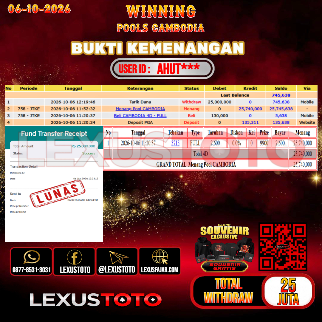 LEXUSTOTO JACKPOT TOGEL CAMBODIA Rp.25.000.000,-  LUNAS  USER ID : AHUT***