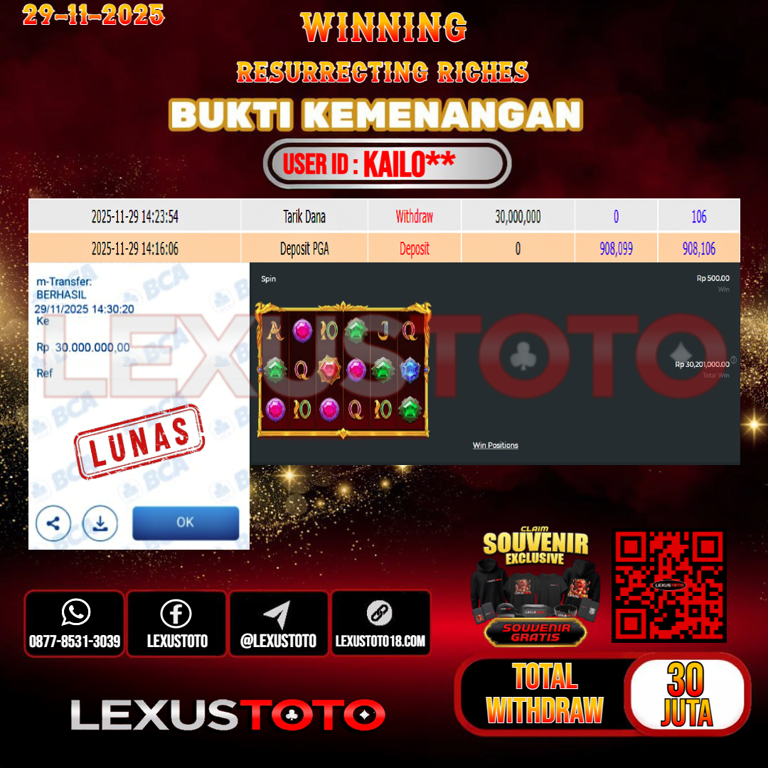 LEXUSTOTO JACKPOT SLOT RESURRECTING RICHES Rp.30.000.000,- LUNAS USER ID : KAILO***