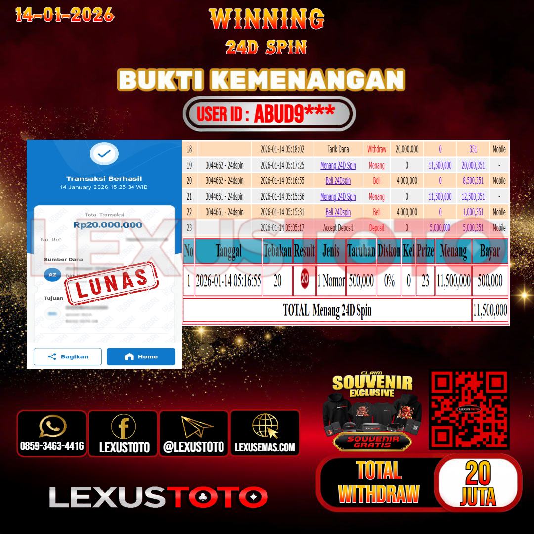 LEXUSTOTO JACKPOT LIVE GAMES 24D SPIN  Rp. 20.000.000,-  LUNAS USER ID : ABUD9***