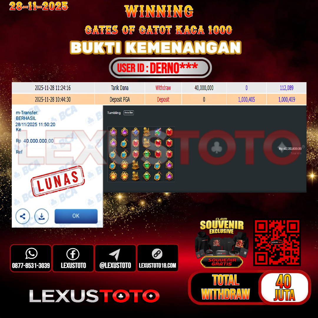 LEXUSTOTO JACKPOT SLOT GATES OF GATOT KACA 1000 Rp.40.000.000,- LUNAS USER ID : DERNO***