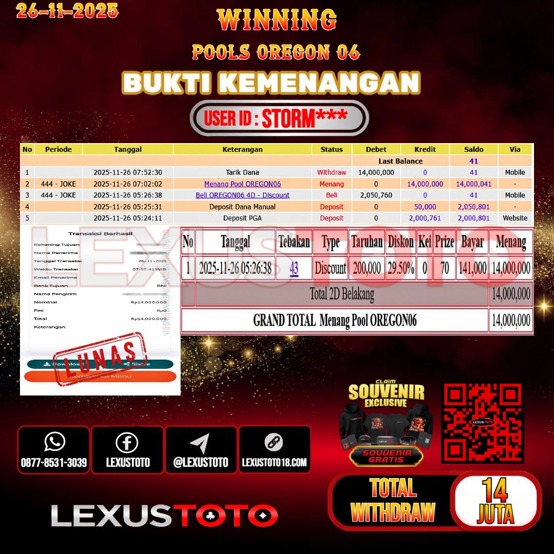 LEXUSTOTO JACKPOT TOGEL OREGON 06 Rp.14.000.000,- LUNAS USER ID : STORM***