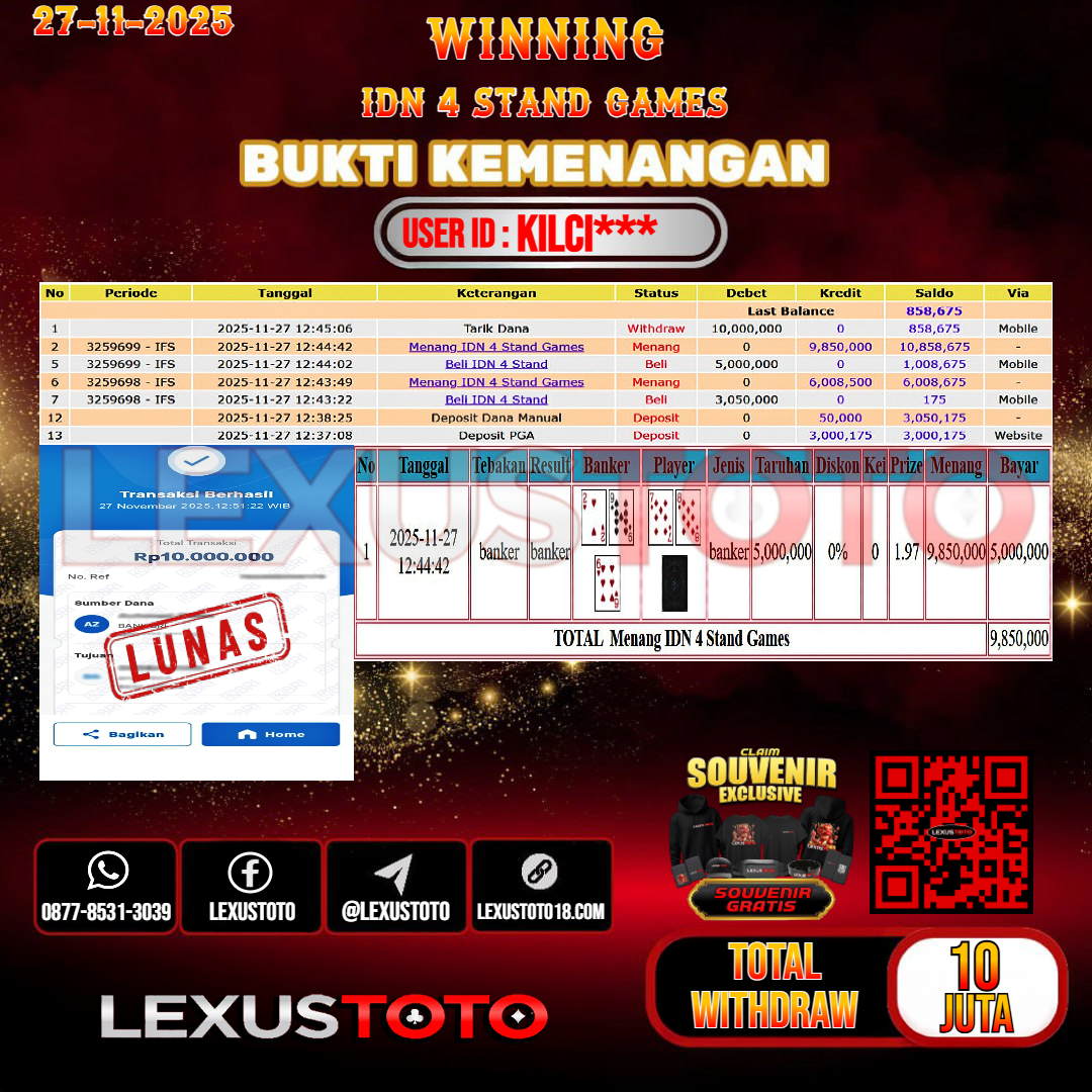 LEXUSTOTO JACKPOT LIVE GAMES IDN 4 STAND Rp.10.000.000,-  LUNAS USER ID : KILCI***
