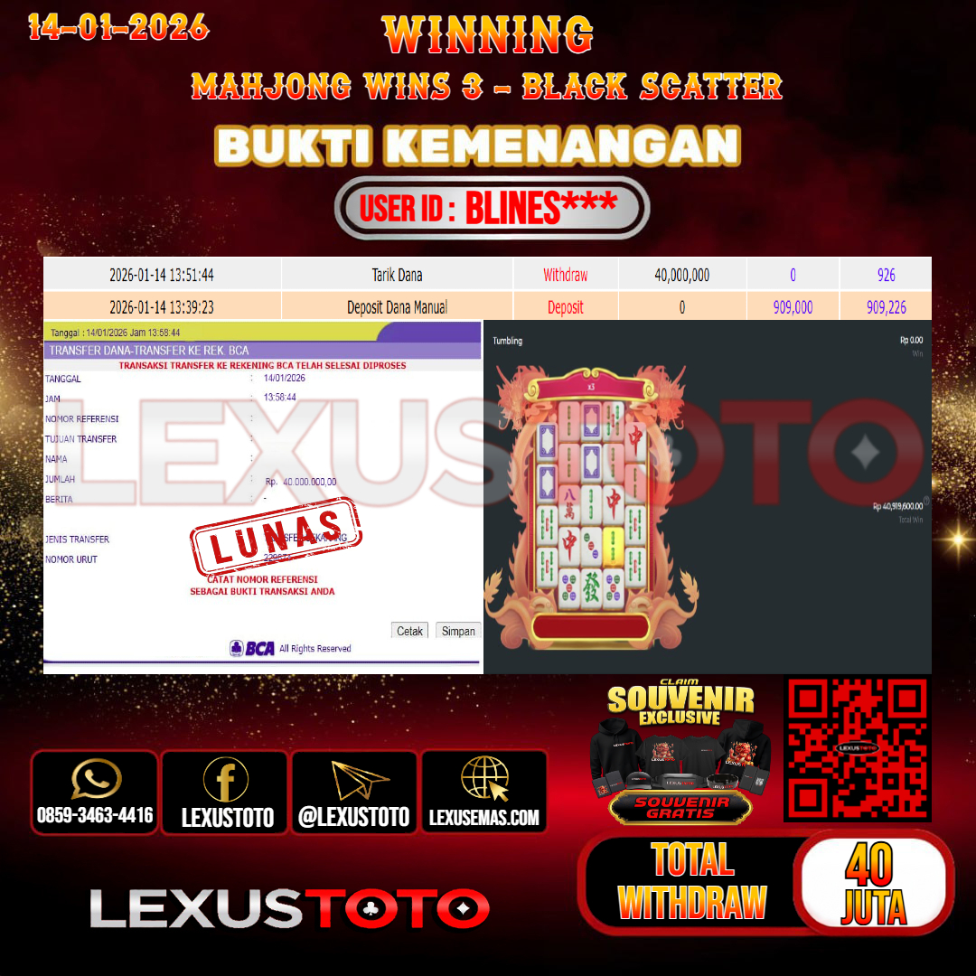 LEXUSTOTO JACKPOT SLOT MAHJONG WINS 3 - BLACK SCATTER Rp. 40.000.000,- LUNAS   USER ID : BLINES***