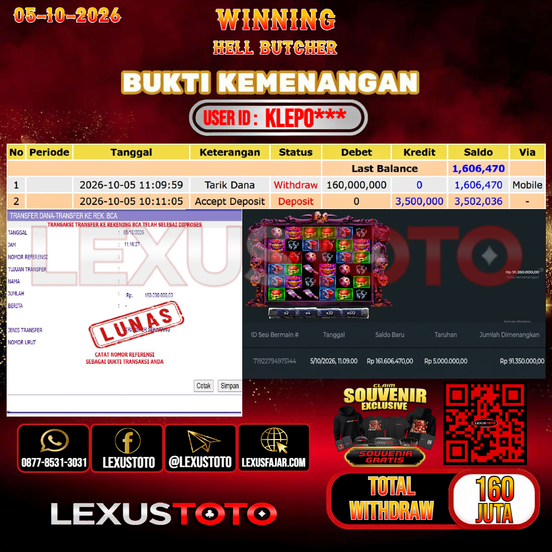 LEXUSTOTO JACKPOT SLOT HELL BUTCHER Rp.160.000.000,-  LUNAS USER ID :  KLEPO***