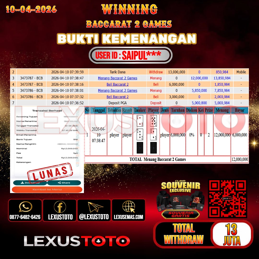 LEXUSTOTO JACKPOT LIVE GAMES BACCARAT 2 GAMES Rp.13.000.000,- LUNAS USER ID : SAIPUL***