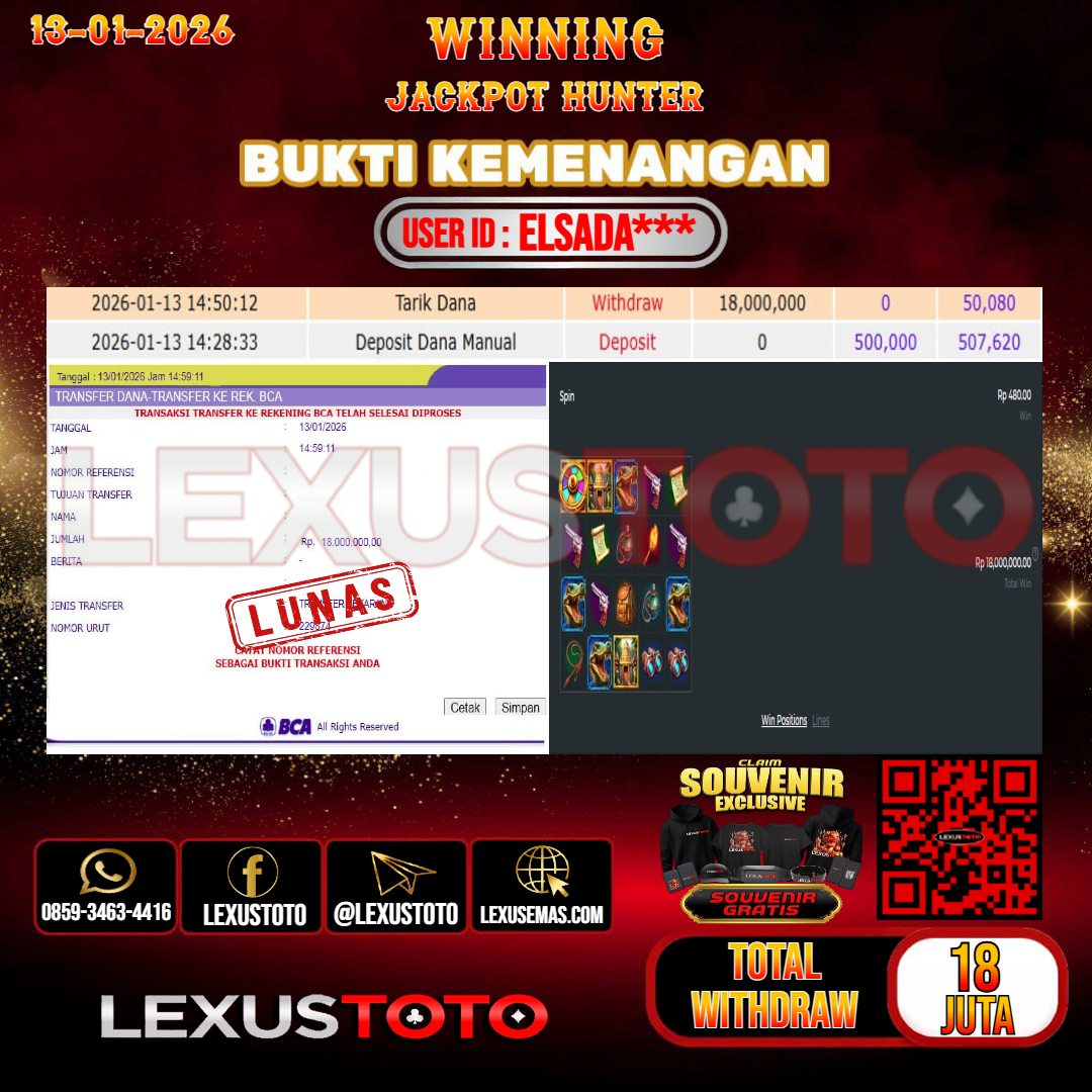 LEXUSTOTO JACKPOT SLOT JACKPOT HUNTER Rp. 18.000.000,- LUNAS   USER ID : ELSADA***