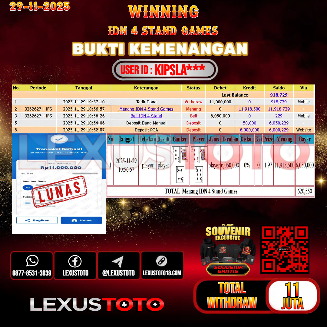 LEXUSTOTO JACKPOT LIVE GAMES IDN 4 STAND Rp.11.000.000,- LUNAS USER ID : KIPSLA***