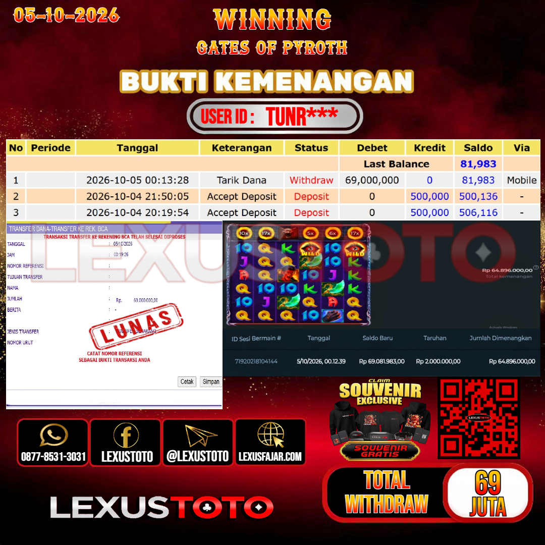 LEXUSTOTO JACKPOT SLOT GATES OF PYROTH Rp.69.000.000,-  LUNAS USER ID : TUNR***